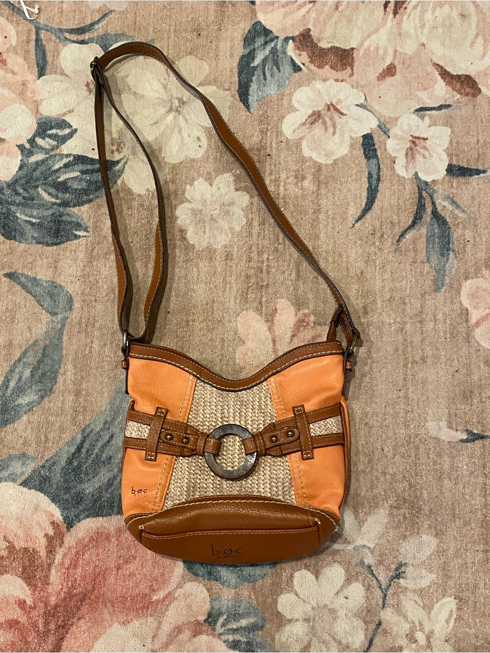 boc Orange and Brown Woven Shoulder Bag adjustable strap zip close leather